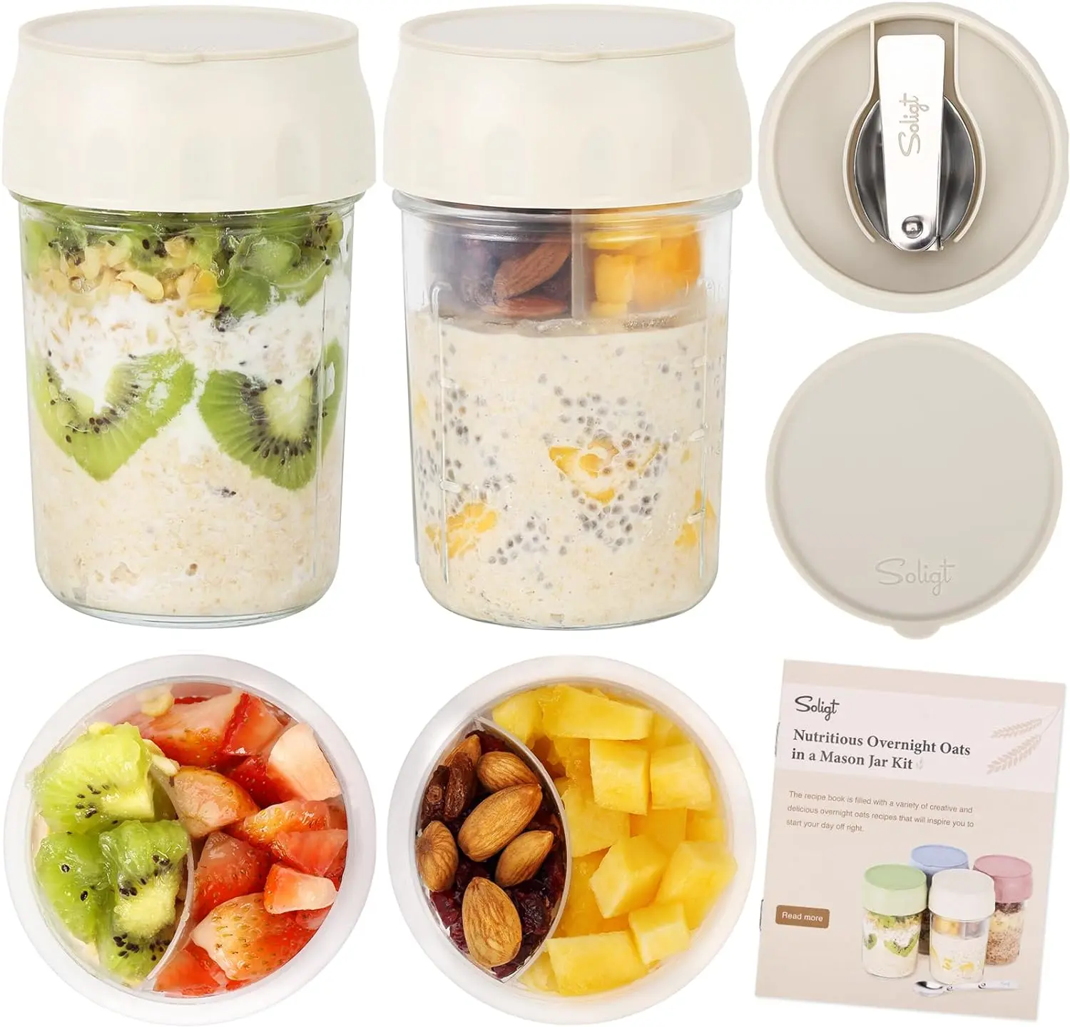 Soligt Overnight Oats Containers with Lids, Folding Spoons, and Divided Compartments for Fruit & Nuts, Small Glass 16oz Mason Jars for Oatmeal Yogurt Parfait Kitchen Utensils Portable Plastic Travel Meal Prep Containers #DealsForYouDays