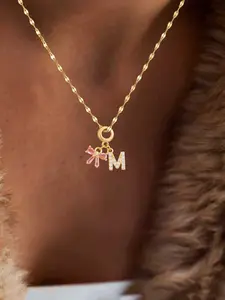 Women's Elegant Stainless Steel Pendant Necklace, Zirconia Letter Bow Design, All-Season Fashion Accessory, Initial Necklace Jewelry