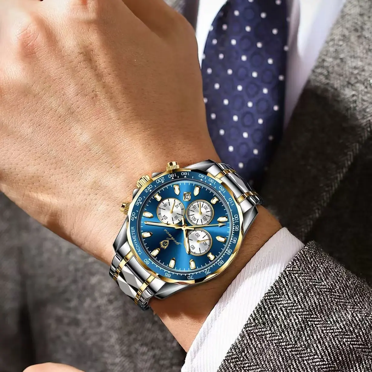 BINBOND  Men's Stainless Steel Quartz Watch - Blue Dial, Business Style, 3-Hand Timer, Rhombus Stitched Strap, Elegant Gift for Mature Men
