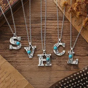 Western Barbed Wire Initial Long Necklace with Turquoise – A-Z Personalized Letter Pendant, Layered Long Chain Jewelry for Women&Men, Cowgirl Style Necklace Gift tiktokshopspringglowup