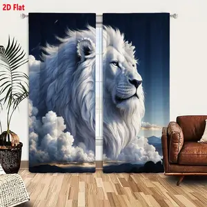 2D Flat White Lion Curtain 2-Piece Set, Home Decoration Curtain, Majestic Lion with Fluffy Clouds and Pearl Adornment, Twilight Blue Sky & Golden Light Background, Dreamy Fantasy Animal Blackout Curtains for Bedroom Living Room, Ethereal Serene Home Decor