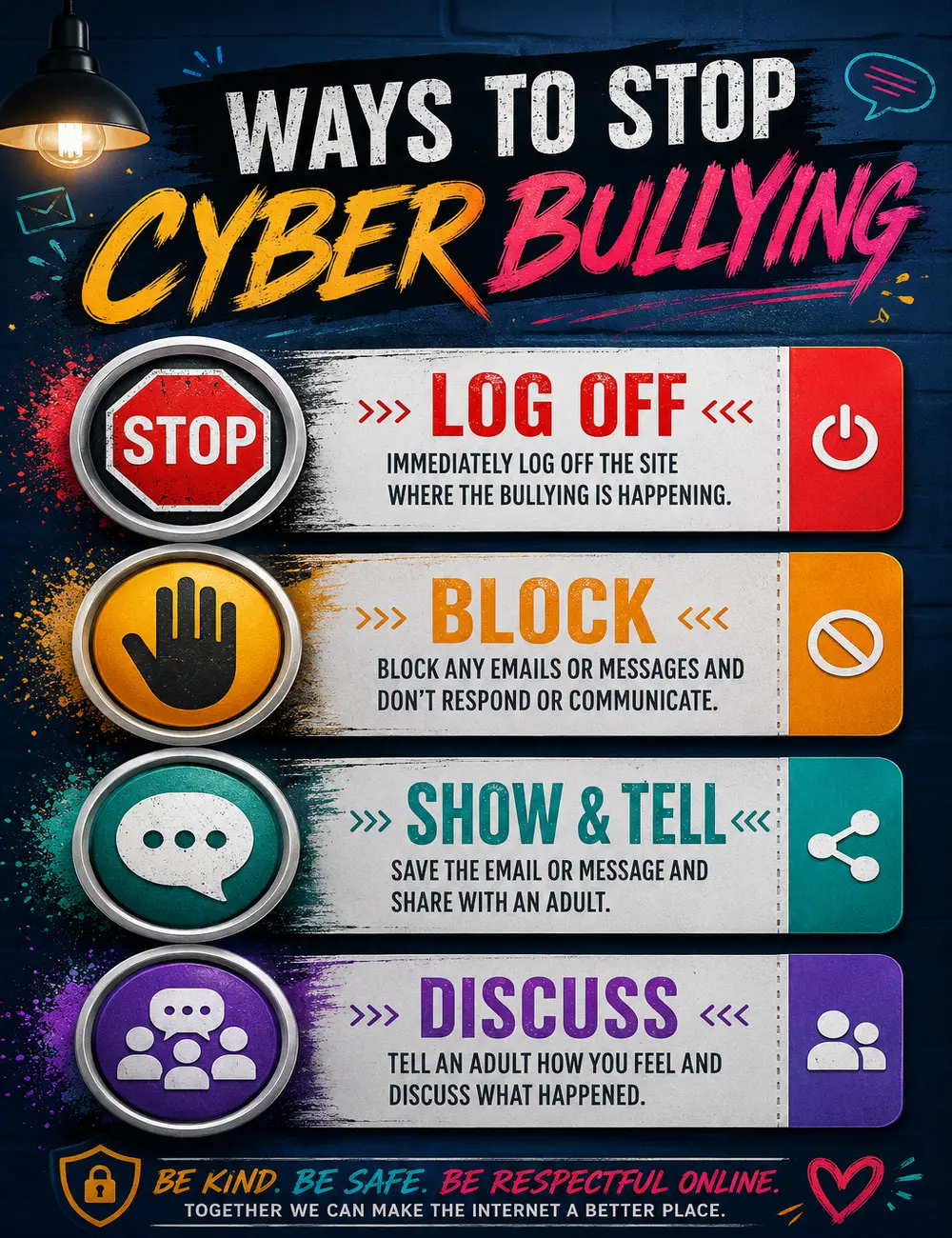 Cyberbullying Awareness Poster, Ways to Stop Cyber Bullying Wall Art, Anti Bullying Educational Poster, Internet Safety Classroom Decor, Online Safety Rules Sign, Digital Citizenship School Counselor Office Decor for Kids Teen Teacher Gift Parent Resource
