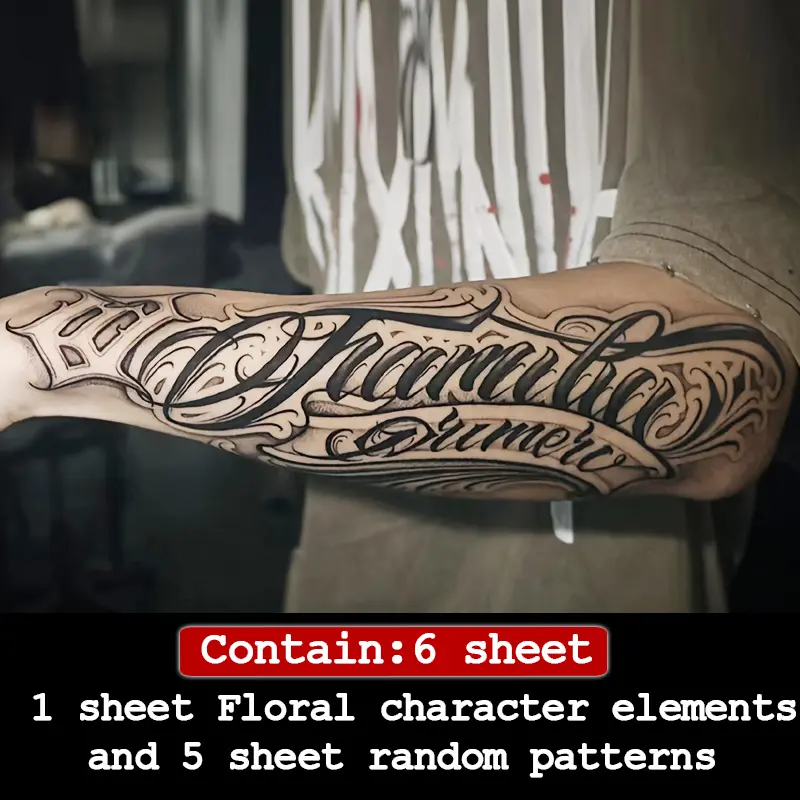 6 Large Herbal Tattoo Stickers, Including Three Mexican Style Calligraphy, Devil and Other Elements, and 2 Random Designs Lasting 7-15 Days, Waterproof and Anti-Friction, Realistic Effect, Suitable for People Who Don't Want Tattoo Pain