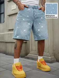 Men's Casual Loose Fit Wide Leg Denim Shorts, Full Rhinestone Design, All Seasons Streetwear Style, Fitted Pocket Jeans
