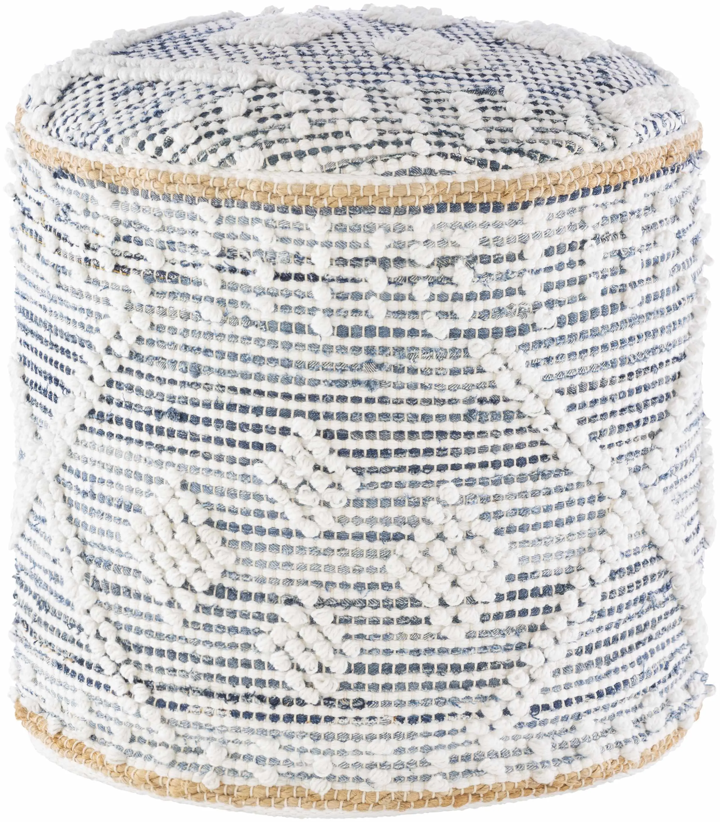 Coombabah Blue-and-White Cylinder Pouf Stool, Indoor Furniture Bench for Living Room Seating