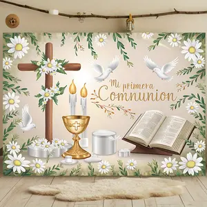 2D Flat Banner 1pc, First Communion Background - Elegant white background with cross, candles, and pigeon design, suitable for home/wall/church celebration decor High Quality Photo Studio Props, Wall Hanging Backdrop, Party Decorations,