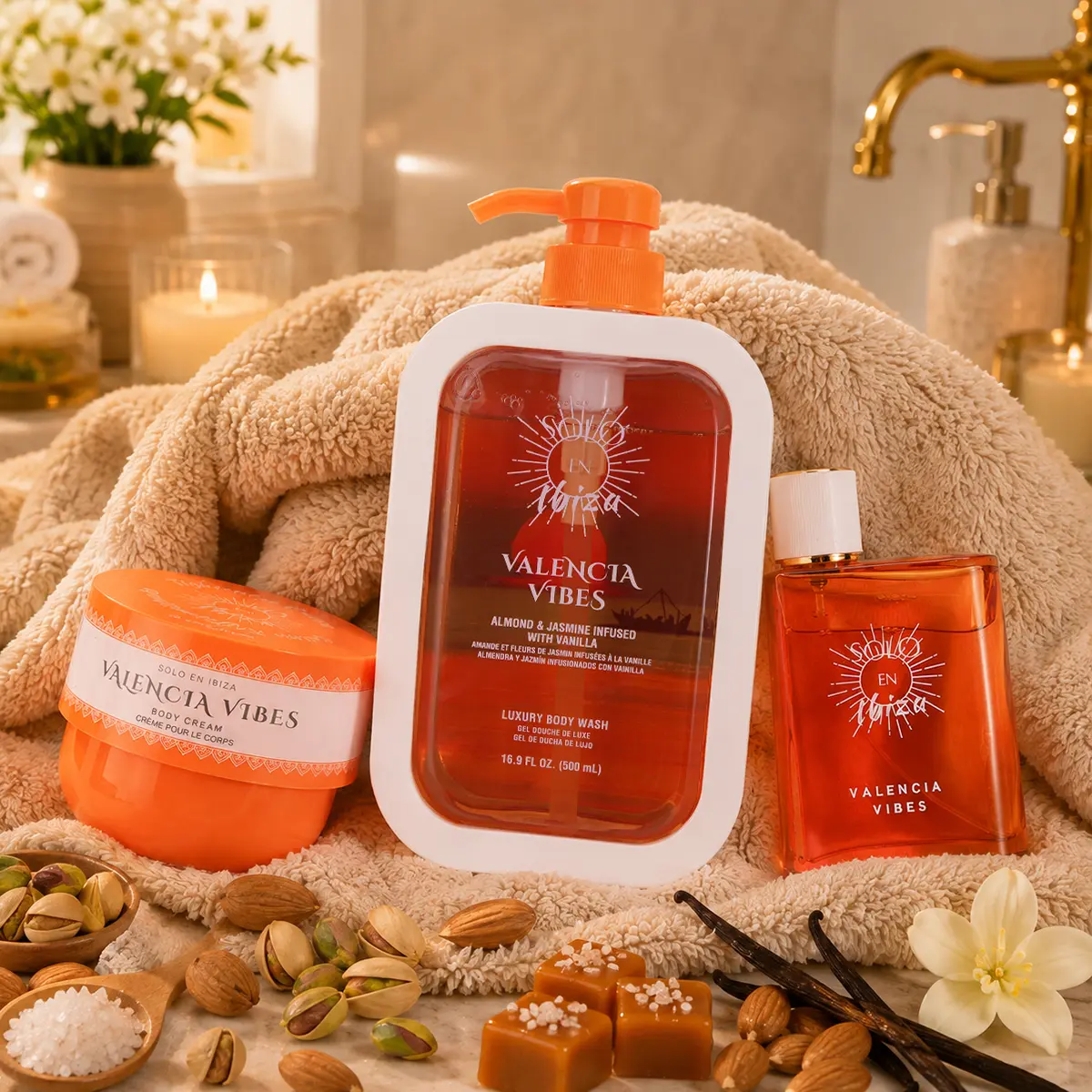 SOLO EN IBIZA Valencia Vibes Deep Hydration 3-Piece Set for Dry Skin, 8 fl oz (236g) Body Cream + 3.4 fl oz (100ml) Eau de Parfum + 16.9 fl oz (500ml) Body Wash, Long-Lasting Pistachio & Salted Caramel Scent