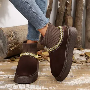 Women's Snow Boots Thick Sole Anti-Slip Short Boots Knit Cuffs Bohemia Indoor Outdoor Shoes