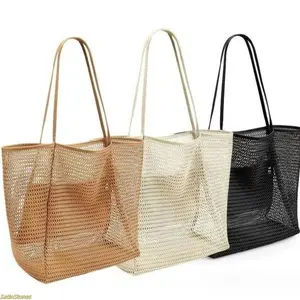 Women’s Mesh Beach Tote Bags, Large-Capacity Daily Handbag with Sandproof Foldable Shoulder Design, Breathable Hollow Mesh Fabric, Durable Lightweight Easy-Storage for Beach Travel, Outdoor Shopping, Beach Bag