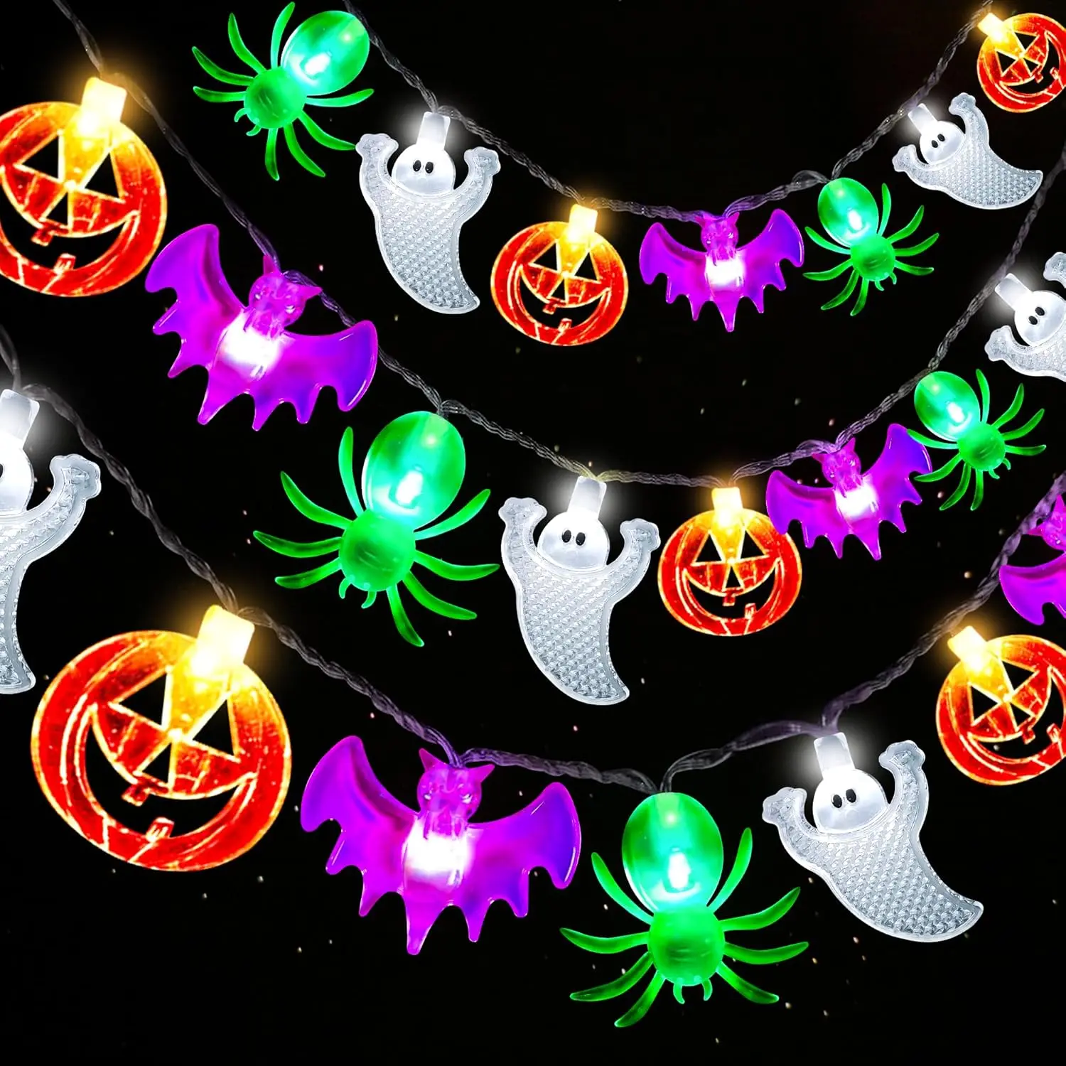 Halloween Lights, 20FT 40 LED Pumpkin Ghost Bat Spider String Lights | Halloween String Lights Battery Operated with Timer, 8 Lighting Mode for Home Window Indoor Outdoor Decorations