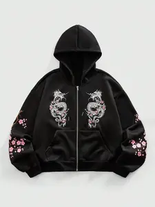 Unisex Street Style Cherry blossom and dragon print zip-up Fitted Hoodie, Oriental Dragon Pattern Streetwear Hoodie, Y2K Fashion, Couple, Men's Gift, High Street Culture