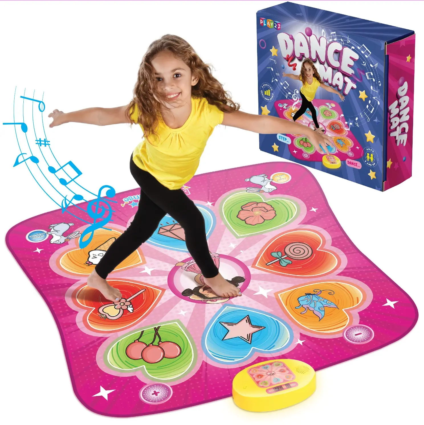 Play22 Dance Mat for Kids - Electronic Dance Pad with LED Lights Adjustable Volume 5 Challenge Levels Built-In Music Soft Fabric Non-Slip Bottom Portable Easy to Clean Ideal Gift for Ages 4-8 Years Old