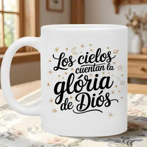 Spanish Christian Ceramic Mug Featuring "Los Cielos Cuentan La Gloria De Dios" (Glory of God) Starry Religious Pattern with Spanish Verse