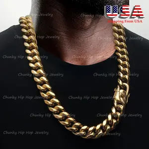 18K Gold Plated Necklace ,Mens Soild Miami Cuban Link Chain Heavy Necklace ,Stainless Steel Rapper Hip Hop Jewelry