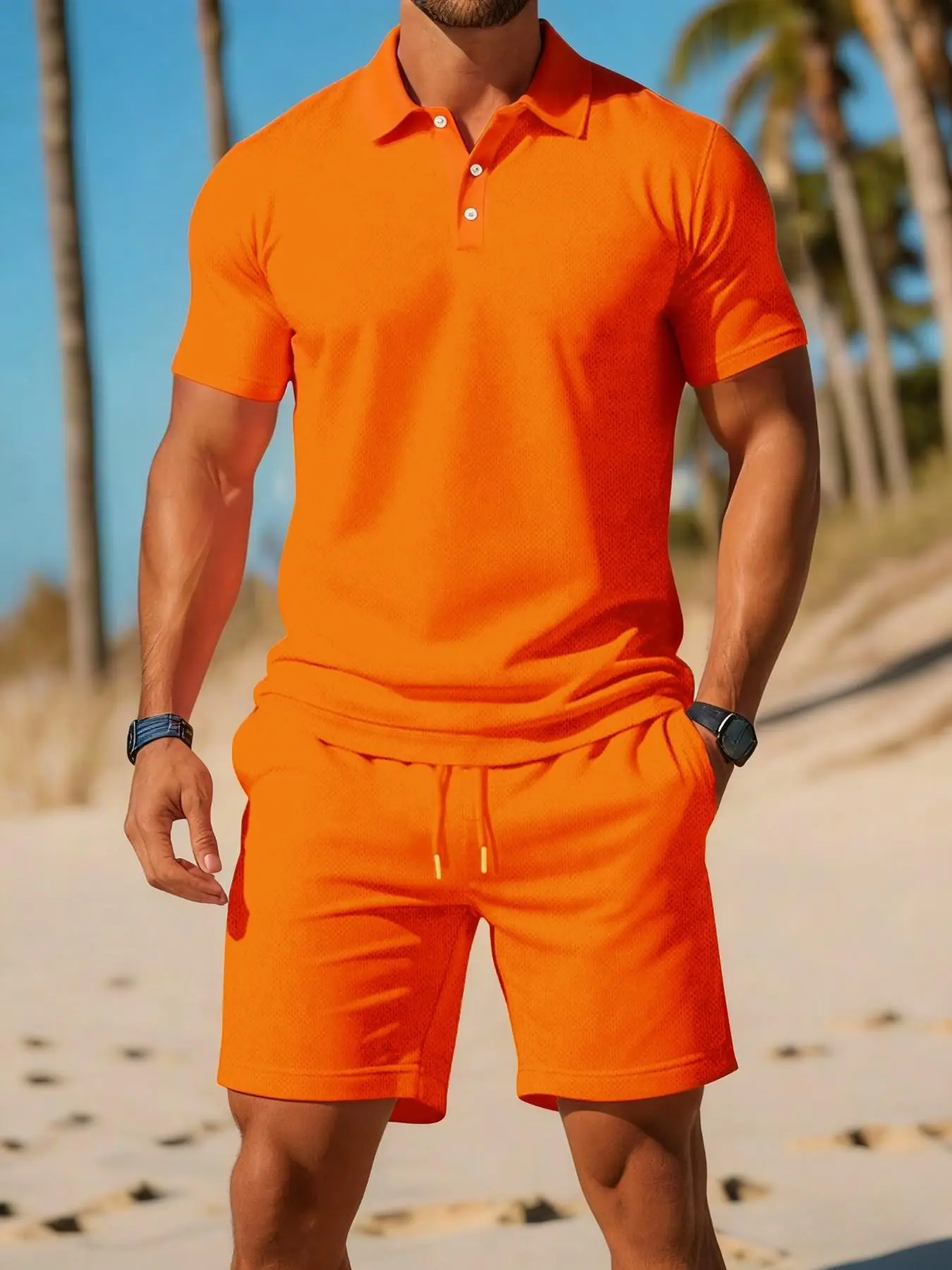 Men's Summer Tropical Casual Quick-Dry Breathable Polo Set Outfit Sets, Business Short Sleeve T-Shirt + Pocketed Shorts, Ideal for Daily Wear, Office, Outdoor Activities