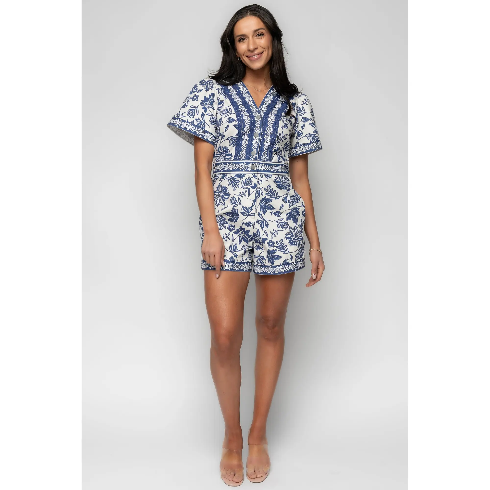 Women's Rafaela Overalls Romper - Blue Print, Embroidered, Exclusive, Brunch-Ready Fit, Cotton Blend
