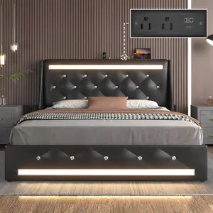 Full Size /Queen Size  Bed Frame with LED Lights, Upholstered Bed Frame with Charging Station, Platform Bed with Diamond Headboard, Wooden Slats, No Box Spring Needed, Noise Free, Easy Assembly