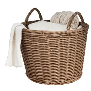 Fahuac Round Cone Woven Storage Basket with Handles, 16x16x10.5in Resin Wicker Organiser, Chocolate Brown for Home Organization