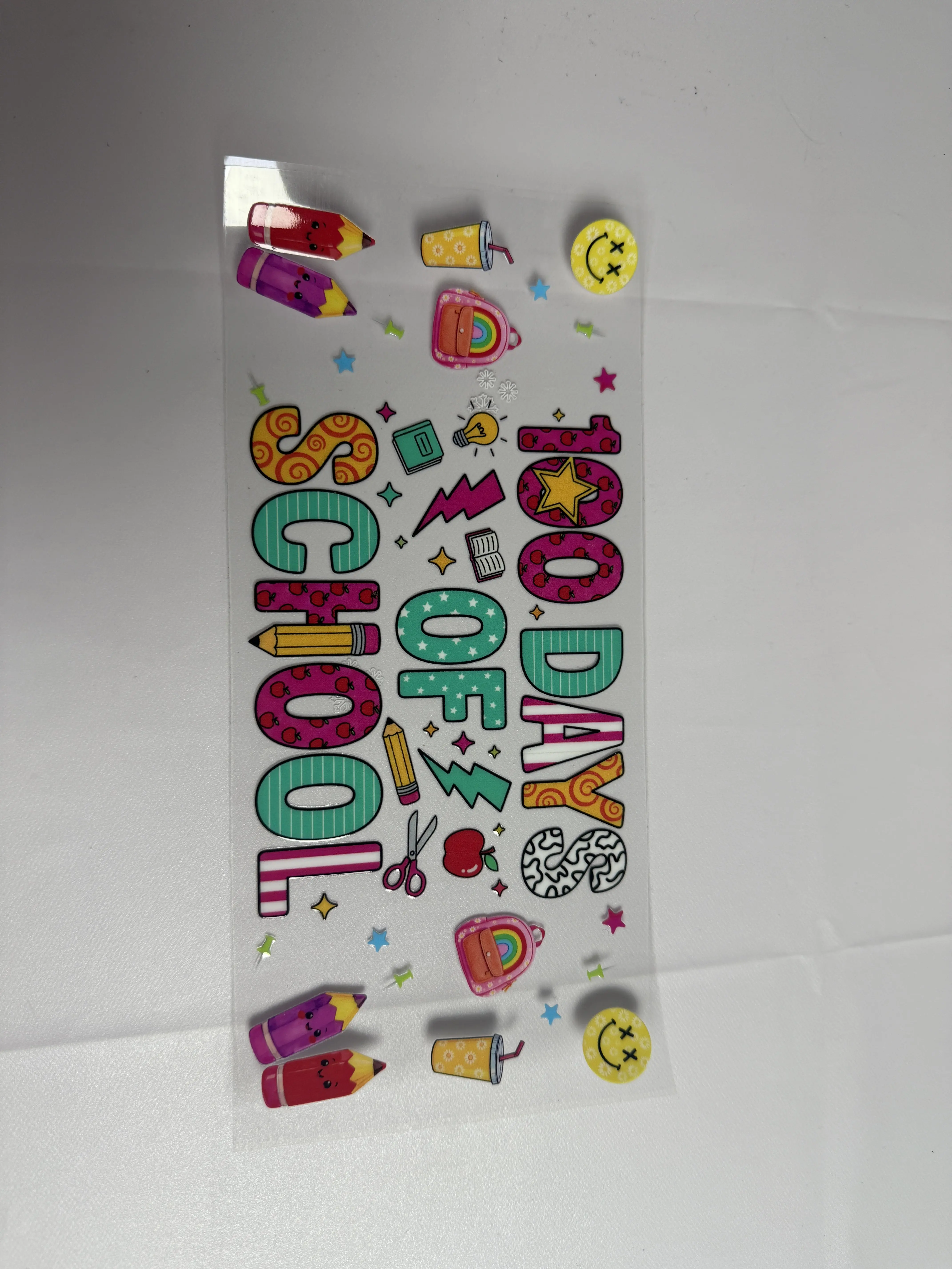 100 Days of School Cup Wrap Decal, Colorful Cartoon Pencil Backpack Design Decorative Sticker for 16oz Glass Tumbler, DIY Craft Cup Accessory