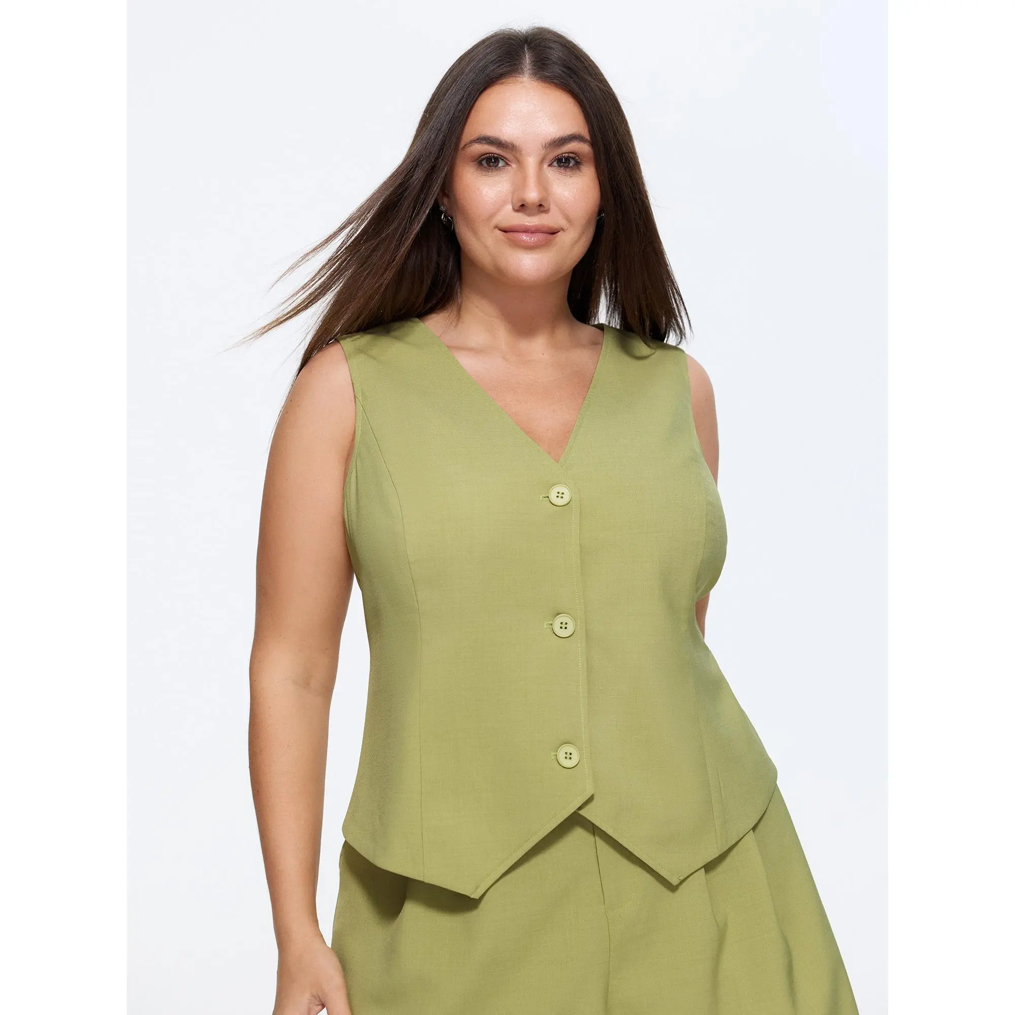 BloomChic Women's Plus Size Office Vest - V-Neck Sleeveless Basic Polyester-Spandex Blazer Vest, Casual Chic Short Length, Button Front Details, Fitted Waist, Size M-6X, 2026 Summer Clothes, Smooth Fabric, Minimalist, Garment
