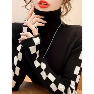 Plaid Pattern Turtle Neck Sweater - Casual Long Sleeve Pullover Sweater For Fall & Winter - Women's Clothing - Soft & Cozy Fabric - Perfect Gift for Women