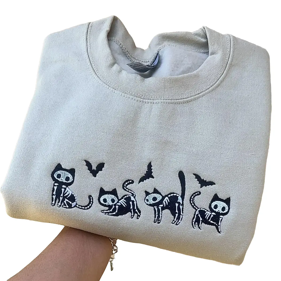 Embroidered Halloween Skeleton Cats Sweatshirt, Halloween sweatshirt, spooky season sweatshirt, spooky season, spooky szk, spooky cats, cats sweatshirt, Halloween crewneck