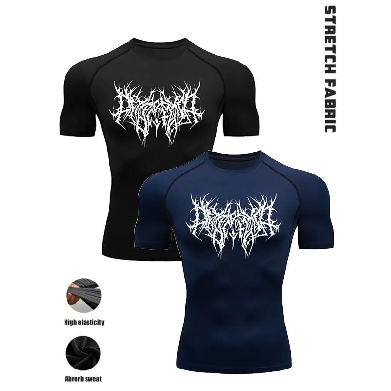 2pcs Men's Gothic Gym T-Shirts - Wing Print, Anti-Slip Seams for Intense Training, Stretch Fabric, Slim Fit, Black & White, Polyester Blend Workout Tops for Fitness, Bodybuilding & Streetwear