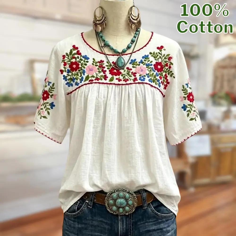 Sage Vell 100% Cotton White Colorful Floral Embroidery Blouse Round Neck Half Sleeve Gathered Bust Loose Fit Casual Top