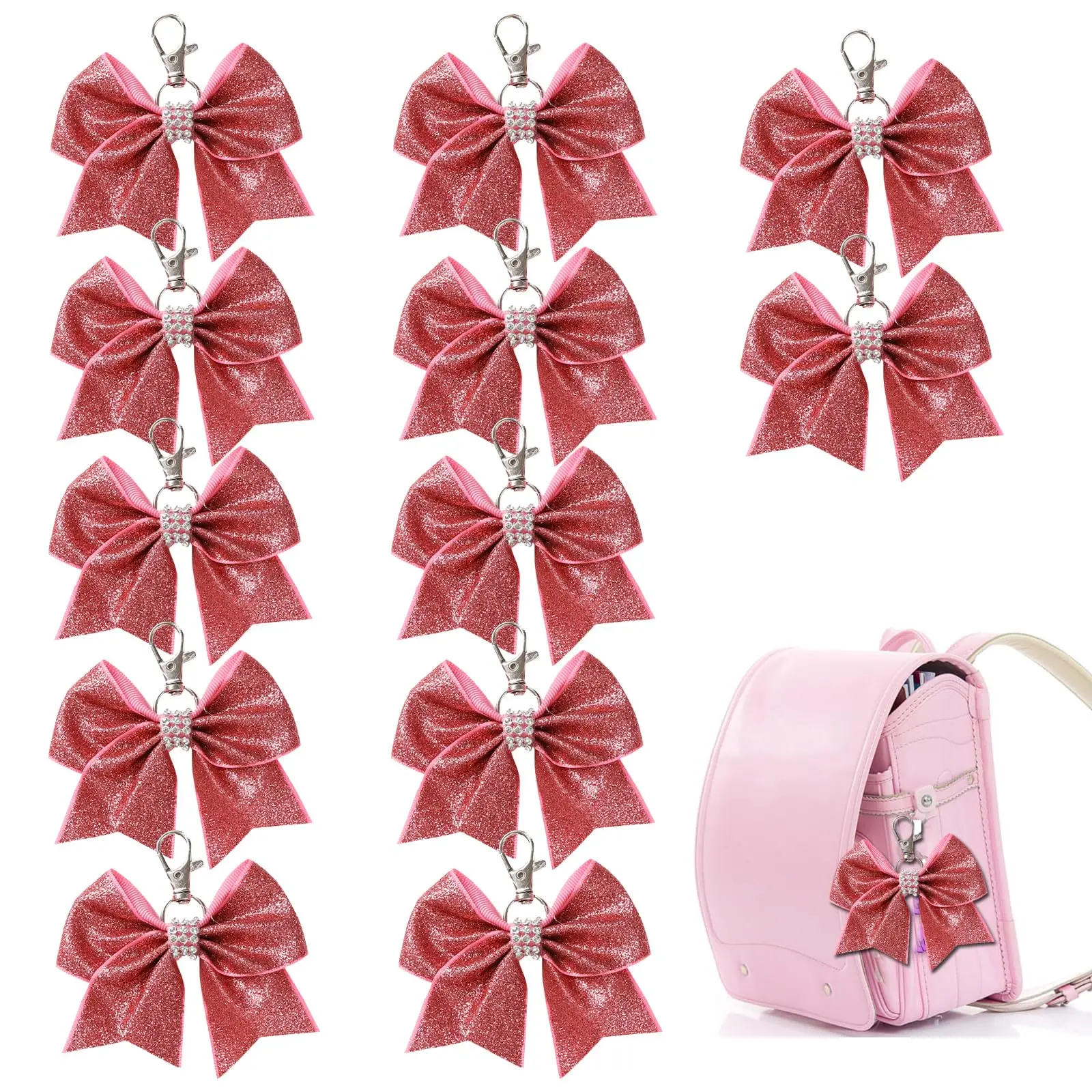 12 Shiny Glitter Bow Keychain For Girl Bowknot Women Backpack Bag Cheer Team Cheerleading Sports Gift