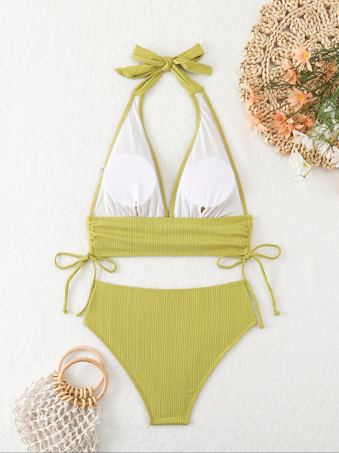 Two-Piece Set Women's Solid Color Bikini Set, Casual Fashion Chic Swimsuit Set, Ladies Swimwear for Beach Holiday Vacation