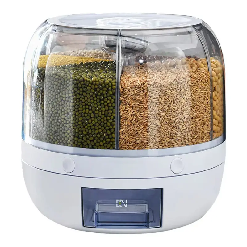 360° Rotating 6-Grid Food Dispenser - Airtight Kitchen Storage Plastic Container for Grains, Cereal & Dry Goods, Kitchen Plastic Containers