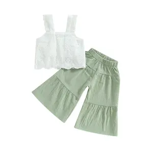 2PCS Baby Girl Sleeveless Strap Lace Crop Vest Tops + Flared Wide-Leg Pants Toddler Summer Outfits Set Clothes