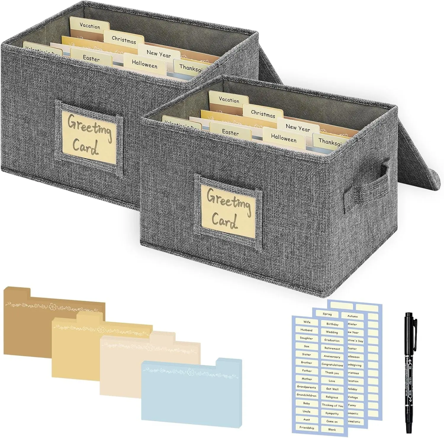 Greeting Card Organizer, Card Organizer Box with 40 Dividers, 168 Label Stickers, and 2 Markers, Stylish Greeting Card Storage Box for Effortlessly Collecting Greeting Cards. 2 Pack, Grey