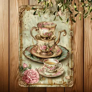 Vintage Floral Teacups Metal Tin Sign - Perfect for Tea Rooms & Coffee Shops, Classic Decor, 8x12 Inches