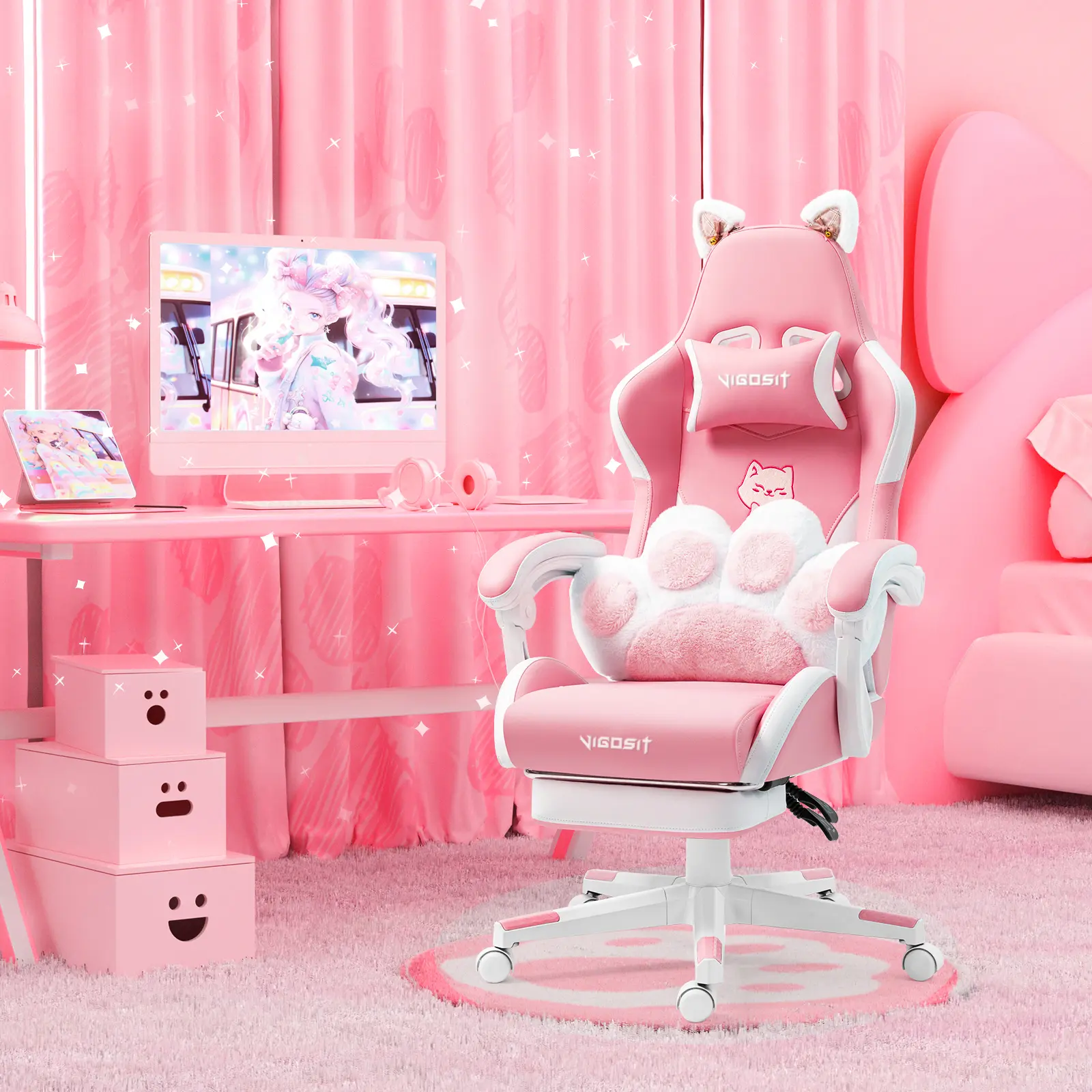 Pink Cat Ears PU Leather Ergonomic Gaming Chair - Reclining Office Chair with Footrest, 310lb Capacity, 6-Position Recline, 360° Swivel