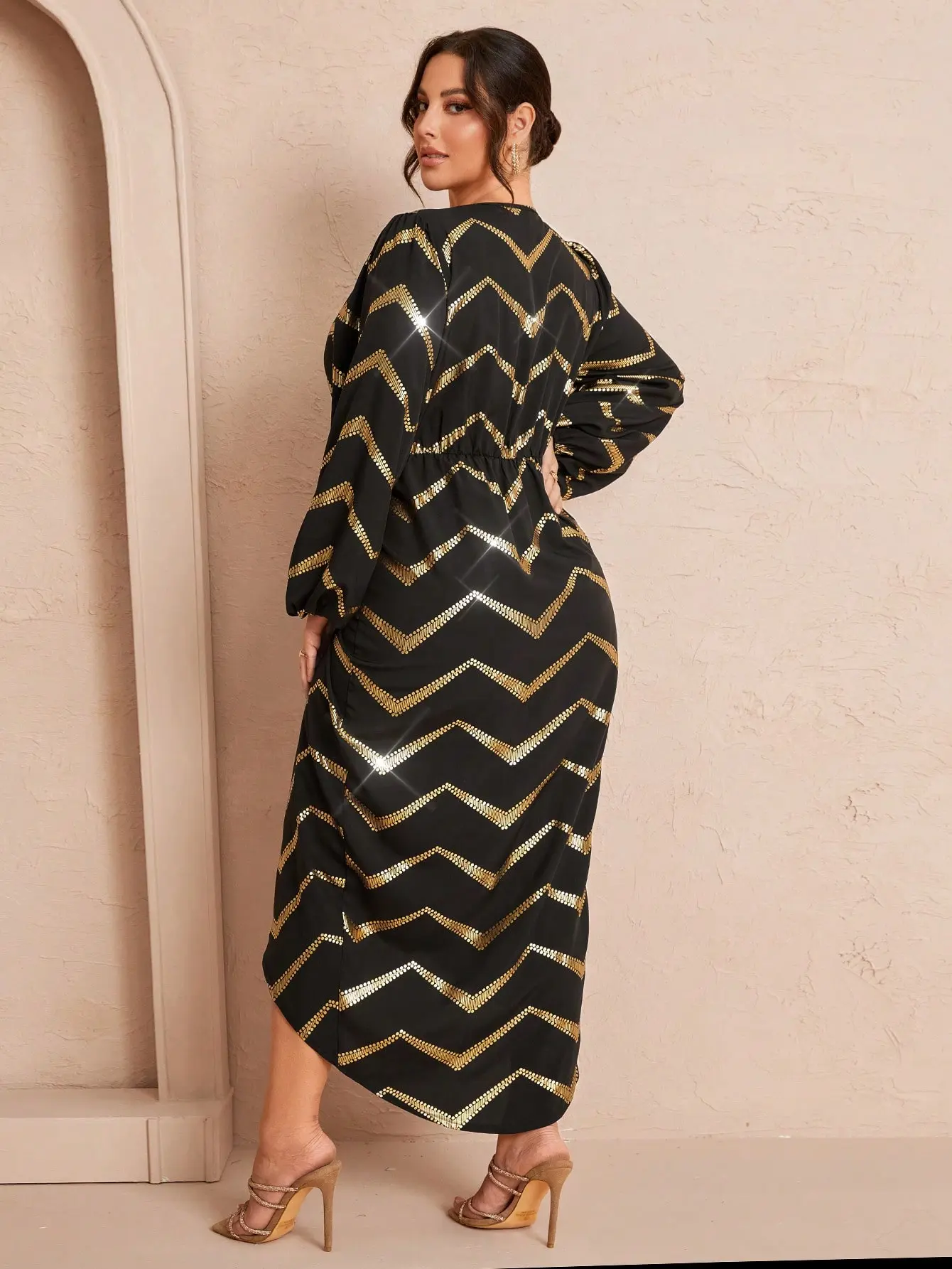 Plus Size Elegant Wrap Dress Black & Gold Chevron V-Neck Long Sleeve Boho Chic Outfit Plus Size Elegant Wrap Dress Black & Gold Chevron V-Neck Long Sleeve Boho Chic Outfit