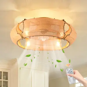 Garwarm 20.86" Boho Caged Ceiling Fan with Lights and Remote, Flush Mount Low Profile Rattan Ceiling Fans with Lights, Enclosed 6 Speeds Farmhouse Woven Ceiling Fan for Bedroom, Living Room, Kitchen