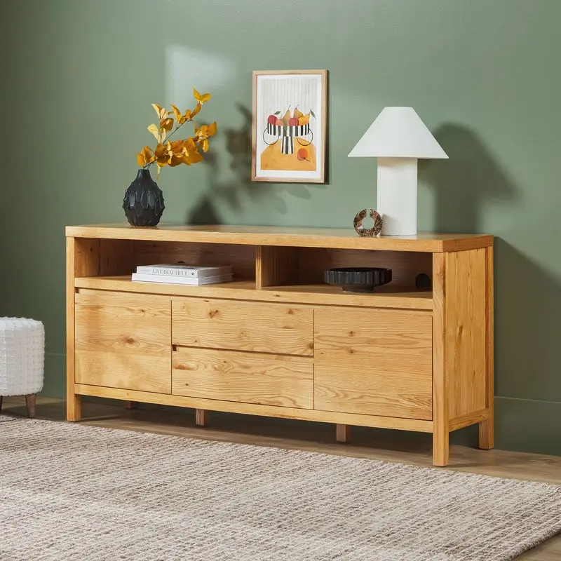 Walker Edison 65 in. White Oak Modern Farmhouse Rustic Solid Oak Wood Sideboard - Adjustable Shelves, Chic Farmhouse, Double Door, Drawer Storage, Easy Install Cupboard with Storage, Adjustable Shelves Sideboards, Chic Farmhouse Sideboards