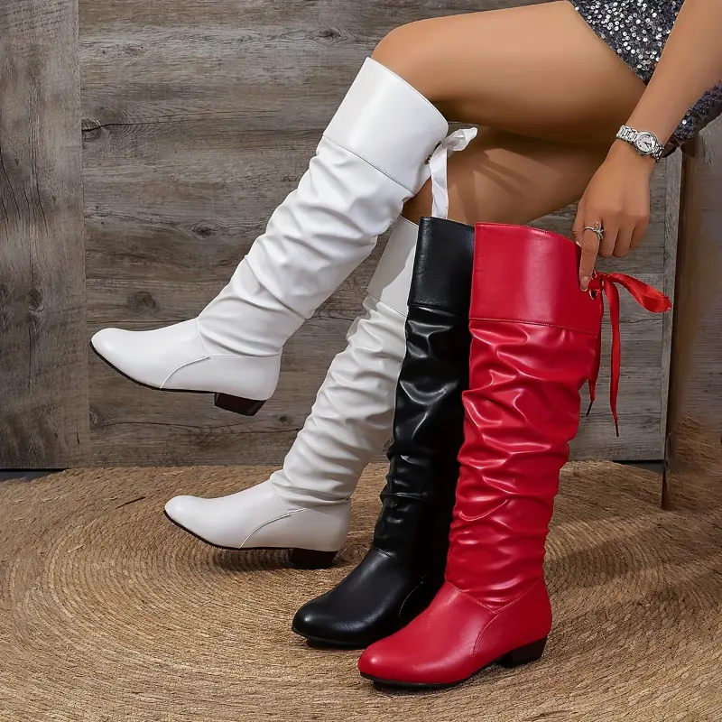 [Knee-High Boots with Bow Detail] [Comfortable Boots] Elegant Women's Knee-High Boots with Bow Detail - Square Toe, Chunky Low Heel, Lace-Up, Faux Cover & Rubber Sole, Available in White, Black, Red outdoor beach  Girl Walking Shoes Footwear Nylon Insole