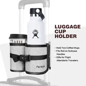 Perilogics Travel Luggage Cup Holder – hands-free drink carrying for travelers. Attaches to your suitcase for easy access to coffee, water, and more. Ideal gift for frequent travelers and flight attendants.