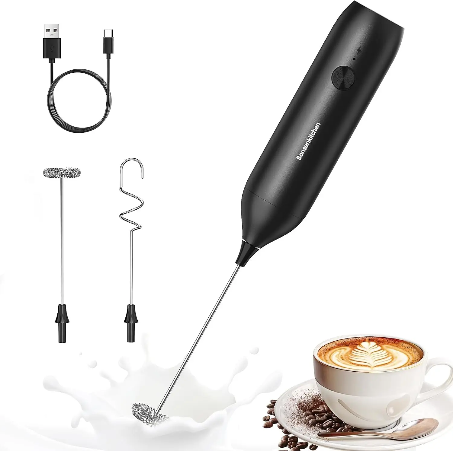 Bonsenkitchen Rechargeable Handheld Milk Frother, USB-C Electric Coffee Frother with 304 Stainless Steel Whisk, Portable Drink Mixer for Lattes, Cappuccino, Matcha & Protein Shakes, Silver