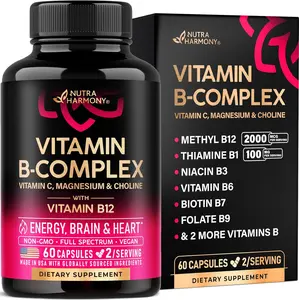 Vitamin B Complex for Men & Women - Riboflavin B2, B12, B1, B3, B5, B6, B7, B8, B9 | Vitamin C, Choline, Inositol - B-Complex Supplement - Energy, Brain & Heart Support - Made in USA, 60 Vegan Caps