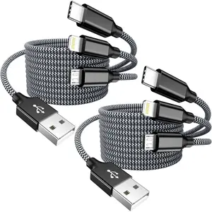 Multi Charging Cable 2Pcs 4FT Universal 3 in 1 Multiple Charger Cable Apple MFi Certified Nylon Braided USB Fast Cord with Type-C, Micro USB, IP Port for Most Cell Phone/iPad/iPhone/Tablet (GrayBlack)