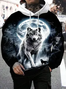 Men's Long Sleeve Casual Hoodie with 3D Moon Wolf Pattern, Loose-Fitting Pocket Design, Perfect for Spring & Fall Sports and Daily Wear, Casual Hooded Sweatshirt