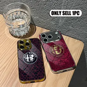 PIKPAKA A-Alfa Romeos Sports Car Logo Simple Luxury Phone Case, Accessories For IPhone 17 16 15 14 13 12 Pro Max Plus Electroplated Metal Bumper Case Slim Tempered Glass Back Advanced Materials Shockproof Anti-Scratch Durable