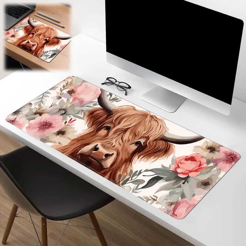 Cow & Floral Pattern Mouse Pad, 1 Count Washable & Non-slip Rubber Base Mouse Pad, Desk Computer Keyboard Mouse Pad for Office & Home & Game Room Use