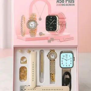Fashion Gift A58 Plus Women's Luxury 8-In-1 Watch, 2 Bands Ring Earrings, Touchscreen Wearable Android Button Charging Chip Custom LCD Tracker