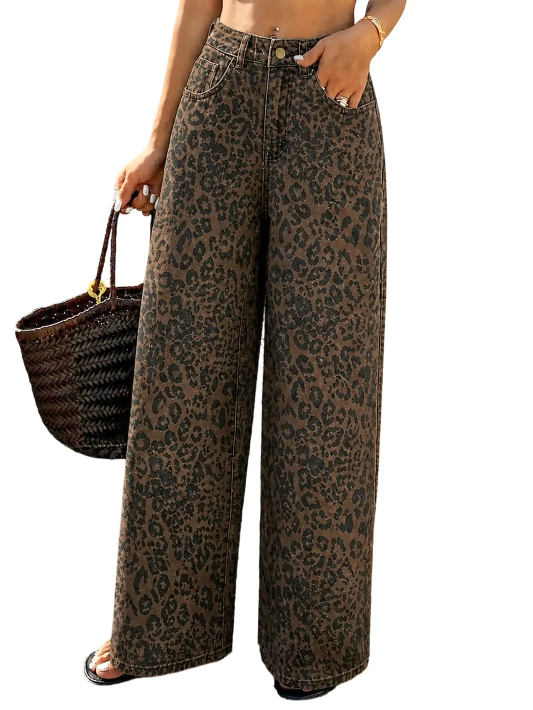 QKU Women's 100% Cotton Leopard Print High Rise Relaxed Fit Straight Leg Denim Trousers with Pockets Casual Animal Print Jeans for Spring & Fall Bootcut Pants Skinny High Waist
