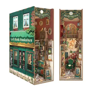 Tonecheer Left Bank Bookstore DIY Book Nook Kit for Adults - Wood 3D Puzzle Bookend, Building Block Model with Sensor LED Lighting, Library Decor Insert (Requires 2 AA Batteries) for Gifting, DIY Kits