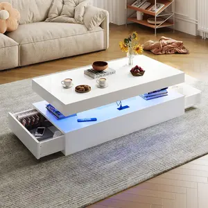47" High-Gloss LED Coffee Table, Modern Double-Layer Center Table with 2 Sliding Drawers, White Storage Side Table for Living Room